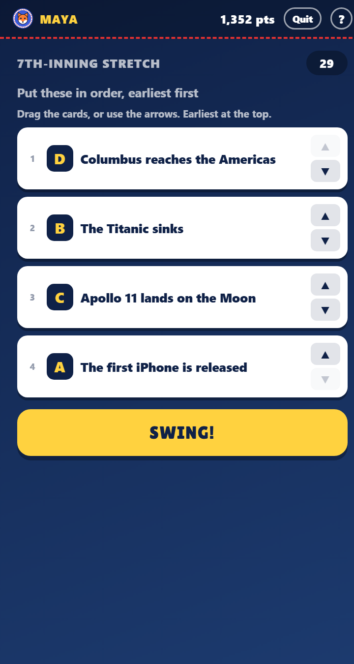 The timeline round: four event cards to put in order